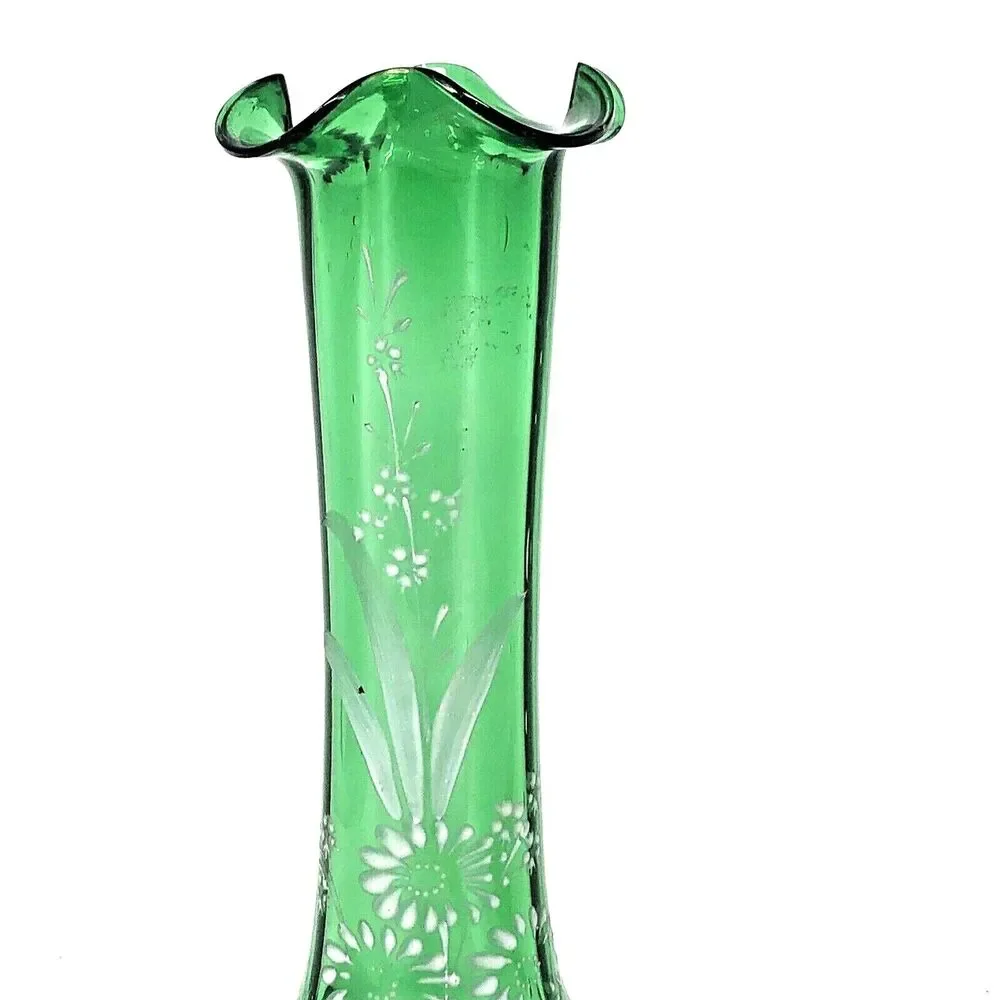 Bohemian Hand Enameled Ruffle Top Vase VTG Hand Blown Paintet Emerald Snow Glass